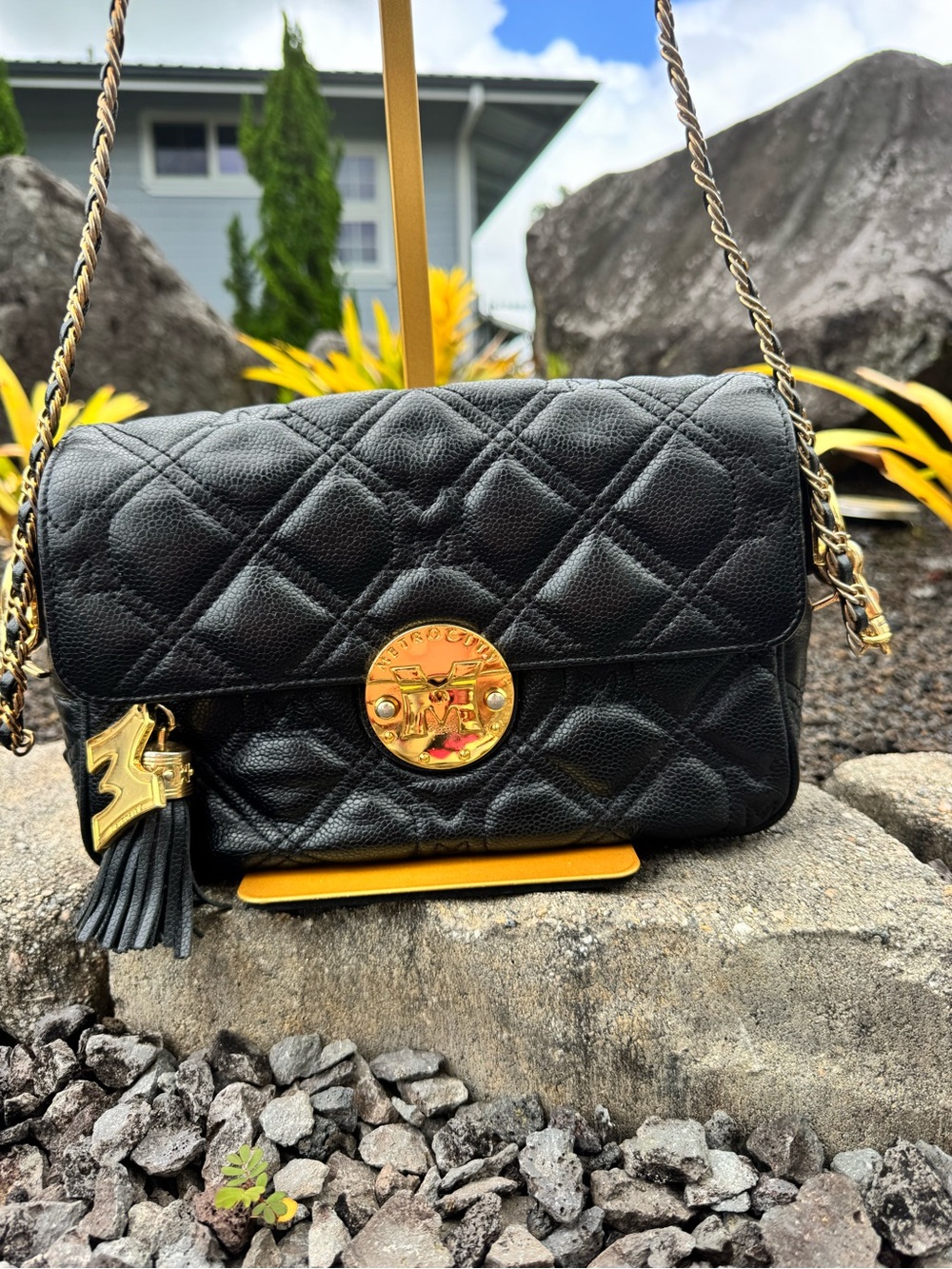 Metrocity Italy Black Quilted Leather Chain Crossbody Shoulder Bag